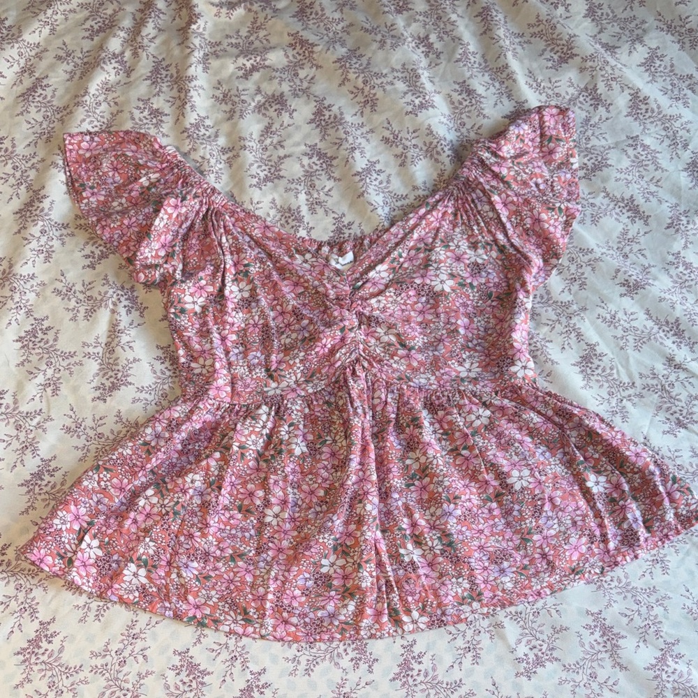 Japna Pink Floral Short Sleeve Peplum Blouse